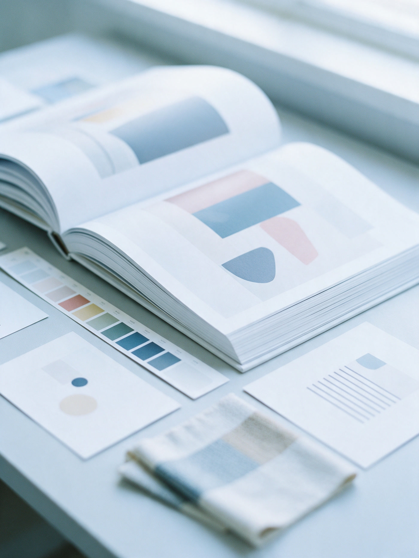 Brand design materials laid out on a desk: an open book of colour blocks, paper swatches and printed cards.