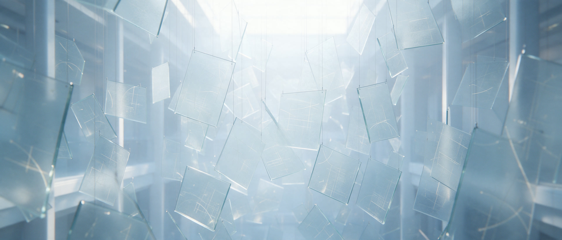 Dozens of large glass panels hanging at every angle, none of them aligned with each other.