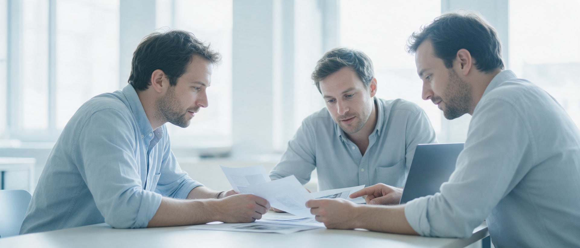 Three men working through printed pages together at a table in a bright office.